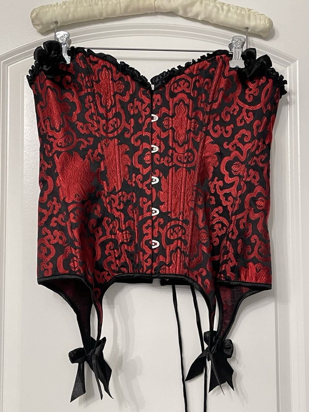 Corset cincher bodice red brocade lace hook antique replica Whimisgoth XL Goth